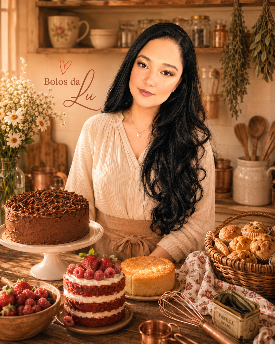 Lu cercada de bolos caseiros na cozinha