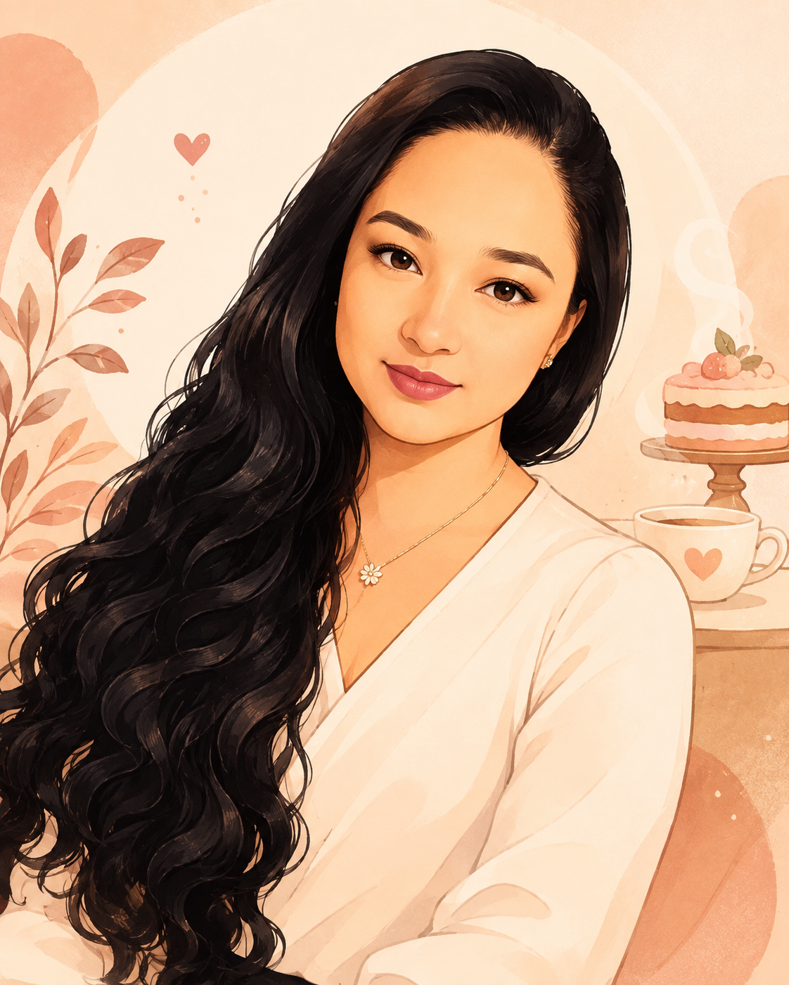 Ilustração da Lu com bolo e cafezinho